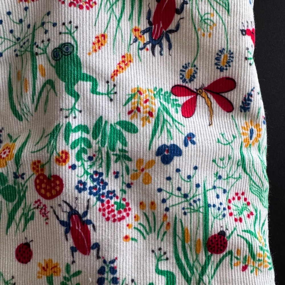 Vintage 70s cotton corduroy fabric 1.9 yards colorful flowers insects frogs